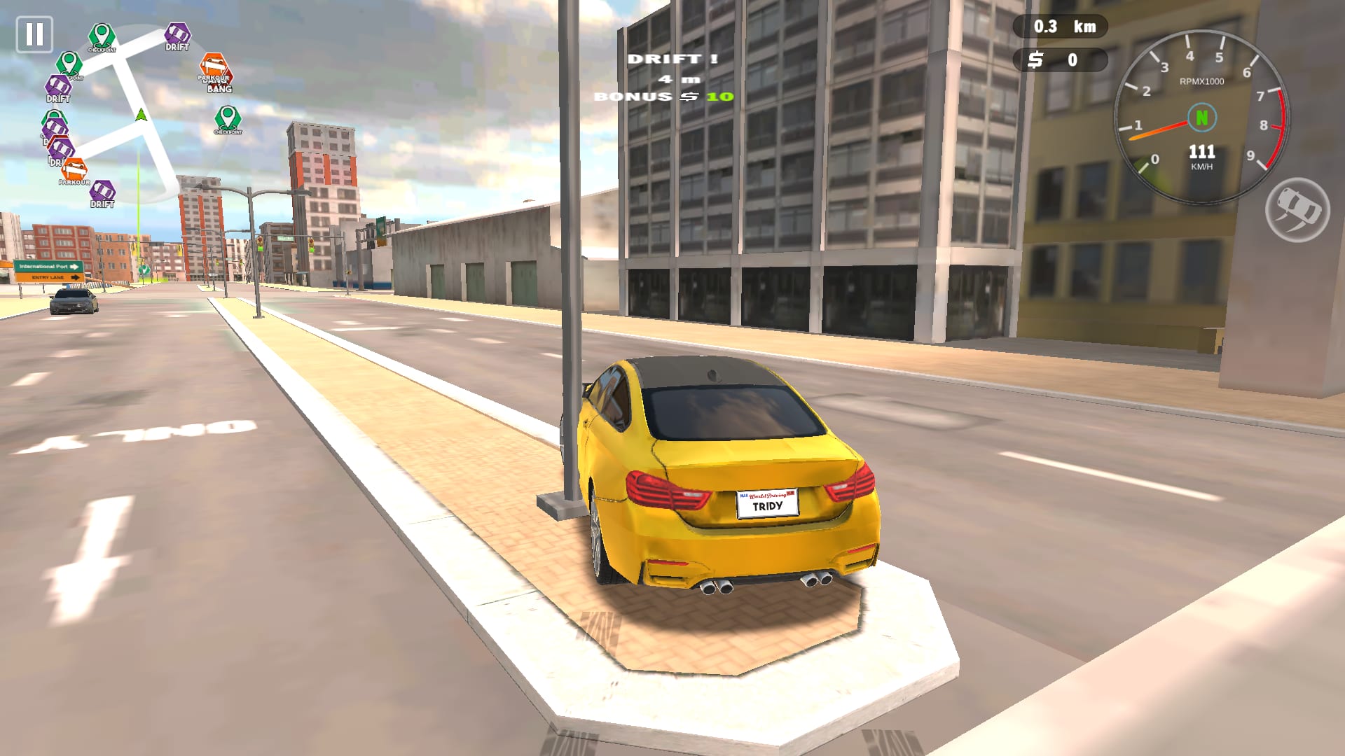 Drive Quest gameplay — drifting a yellow sports car through the city streets for a drift bonus