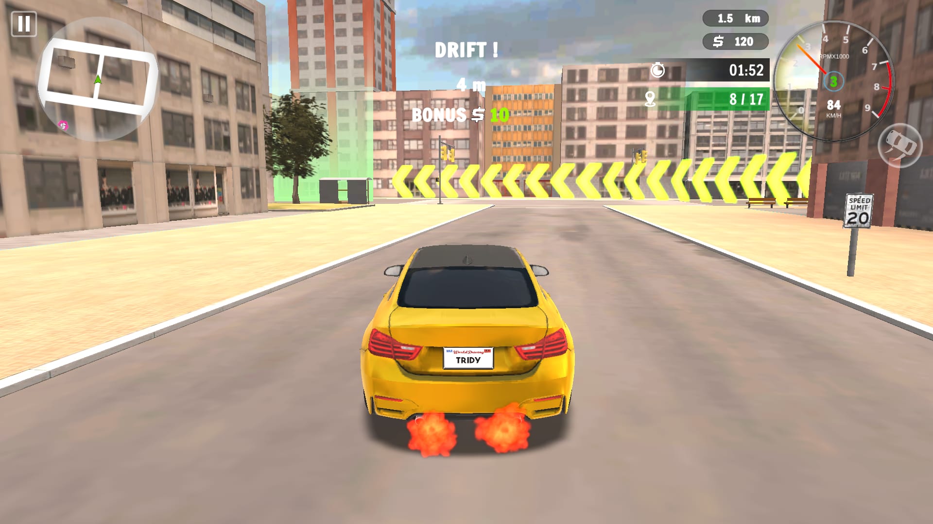 Drive Quest — collecting checkpoint zones around the city, 8 of 17 taken at 84 km/h