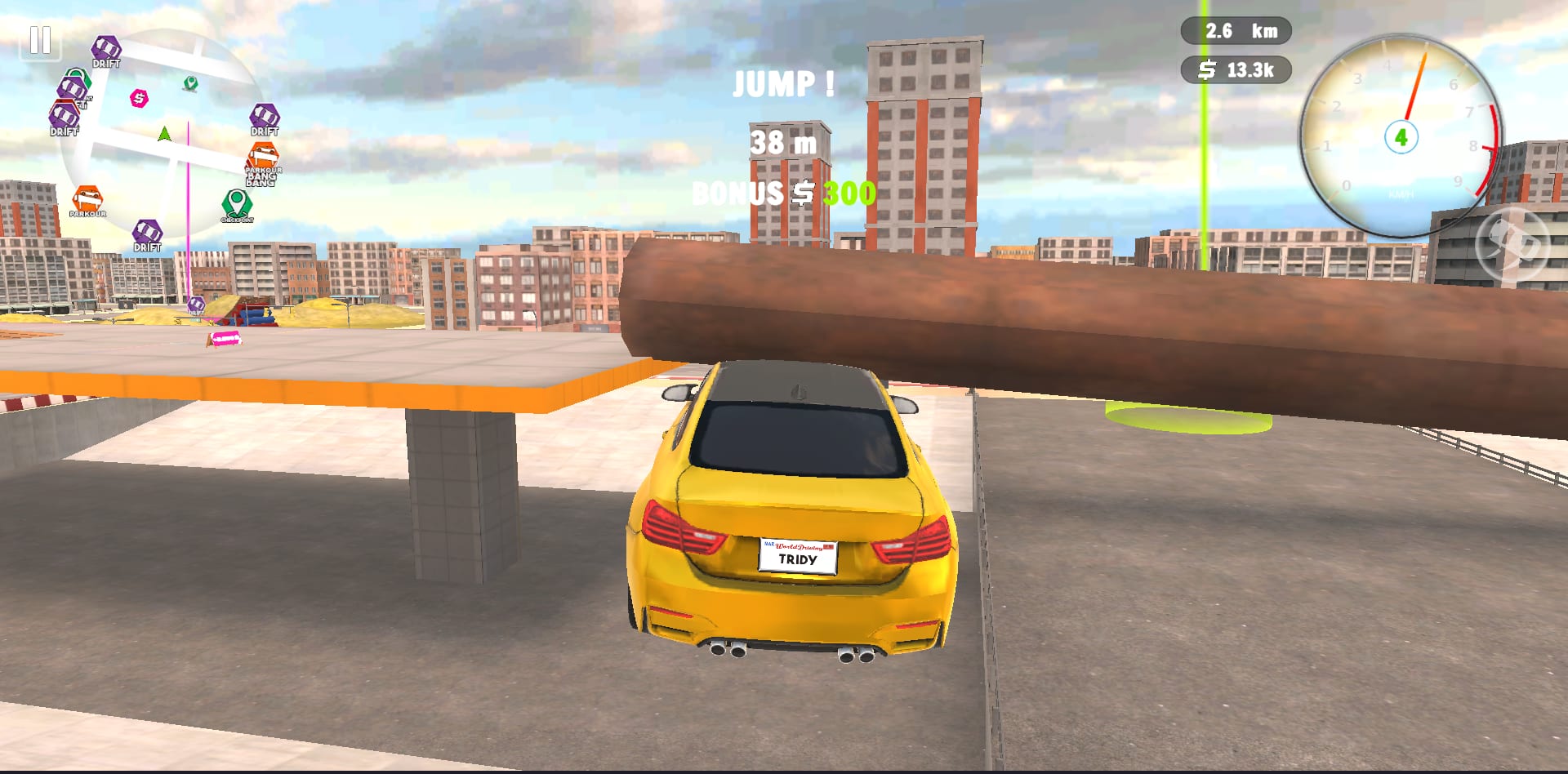 Drive Quest — a stunt jump off a city ramp, 38 m in the air for a $300 bonus